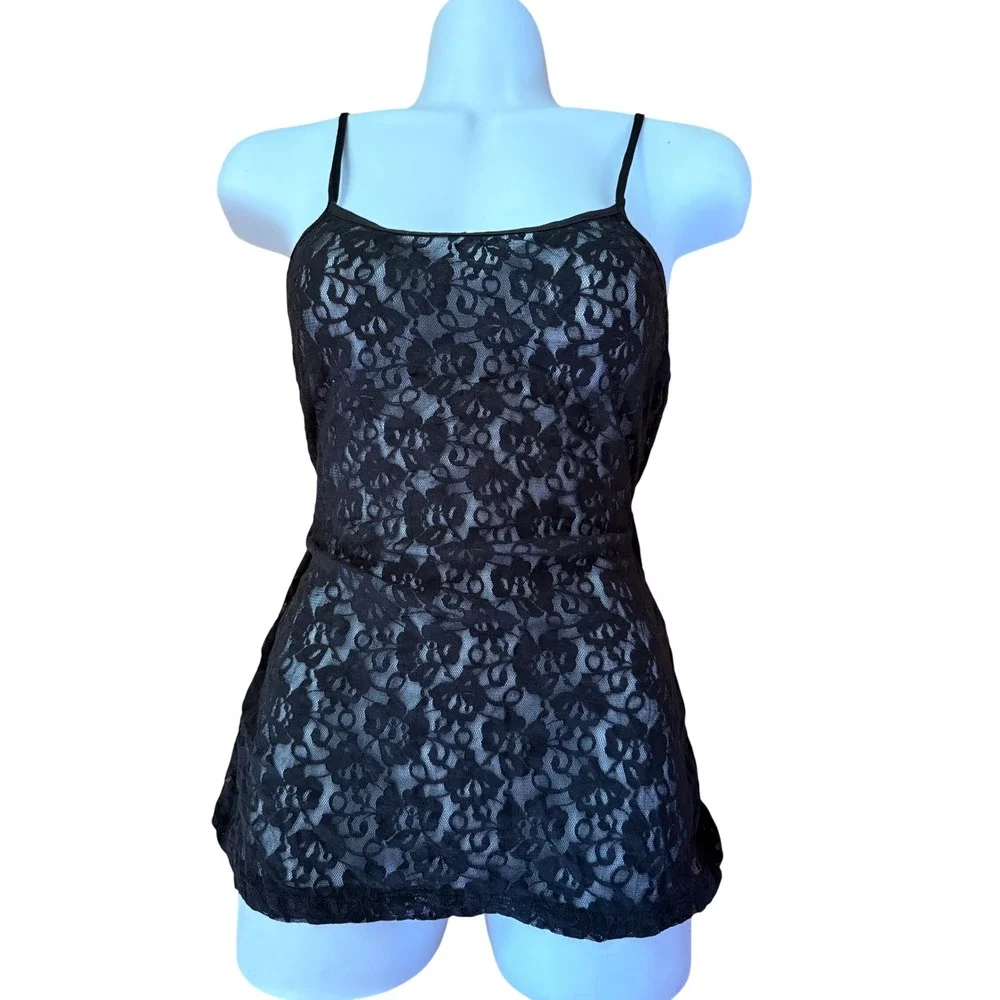 Y2K 2000s style gothic Black Floral‎ Lace Camisole Sheer Tank Top